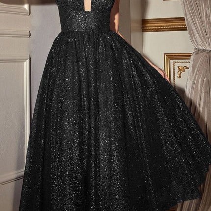 Ladivine CD996T Glitter Flocked Tea Length Dress with Side Pockets