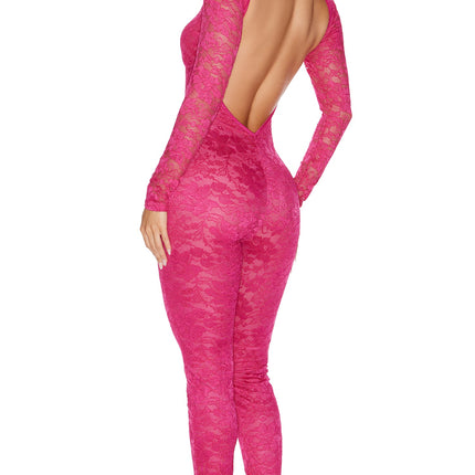 Private View 2-Piece Sheer Lined Lace Catsuit and G-String Set - Berry