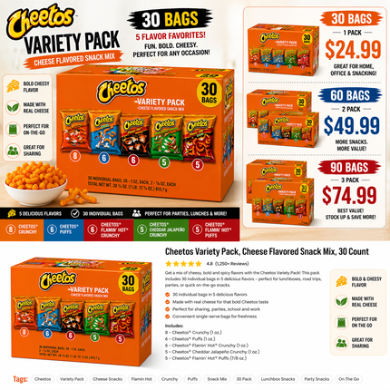 Cheetos Variety Pack 30 Bags– Cheese Flavored Snack Mix | Crunchy, Puffs & Flamin’ Hot