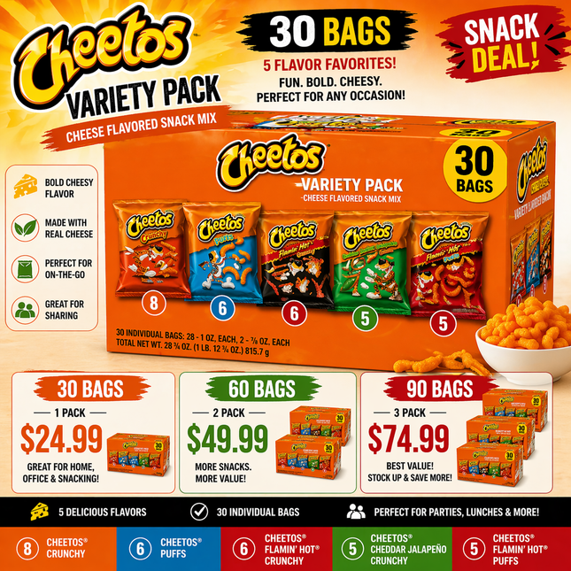 Cheetos Variety Pack 30 Bags– Cheese Flavored Snack Mix | Crunchy, Puffs & Flamin’ Hot