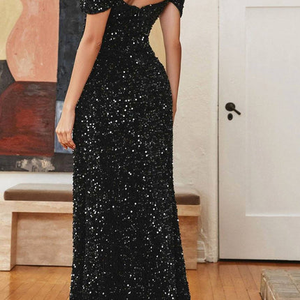 Ladivine CL03 Floor Length Off Shoulder Velvet Fitted Sequin Gown