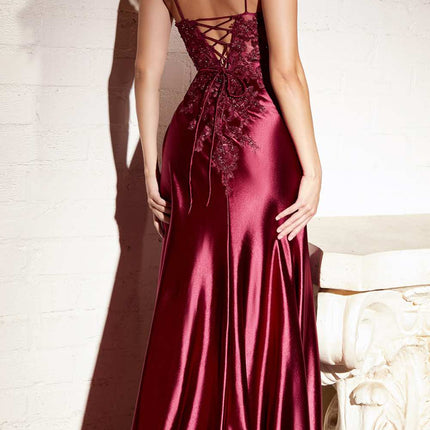 Ladivine CM318 Lace & Satin Dress with Leg Slit