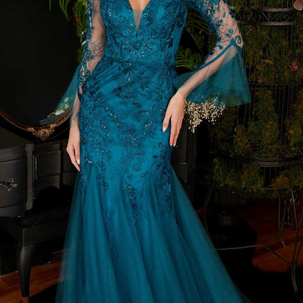 Ladivine CM327 Floor Length Mermaid Gown with Bell Sleeves