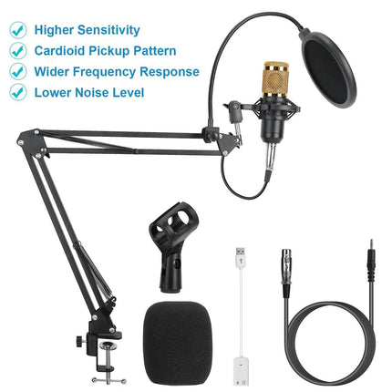 Condenser Microphone Bundle Shock Mount with Adjustable Boom Arm Sound Card