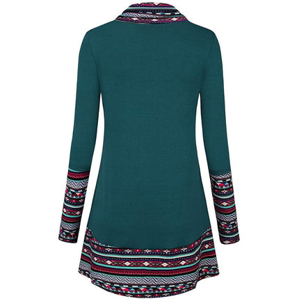 Cowl Neck Long Sleeve Patchwork Top