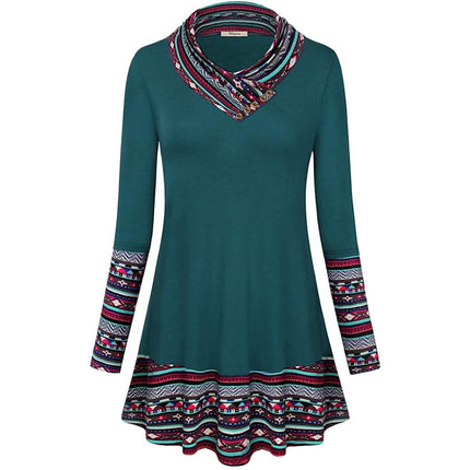 Cowl Neck Long Sleeve Patchwork Top