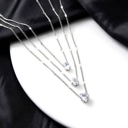 Crystal Zirconia Heart Star Charm Layered Pendant Necklace