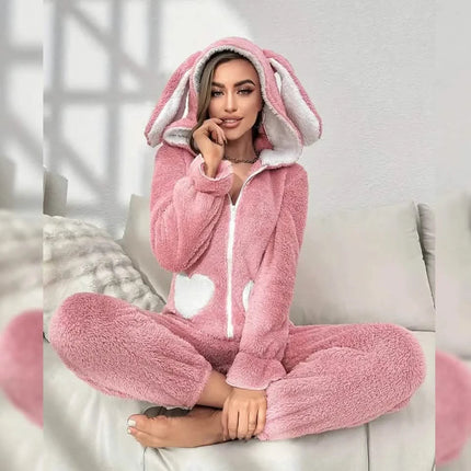 Cute Bunny Fuzzy Hooded Night Jumpsuit