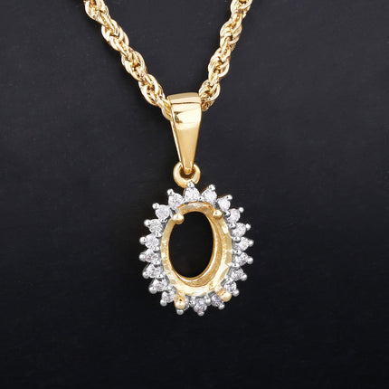 0.13 Carat Genuine White Diamond 14K Yellow Gold Semi Mount Pendant - holds 8x6mm Oval Gemstone