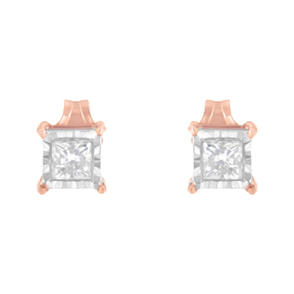 14K Rose Gold Plated Two-Tone .925 Sterling Silver 1/2 Cttw Princess-Cut Square Near Colorless Diamond Solitaire Miracle-Plate Stud Earrings (J-K Color, I2-I3 Clarity)
