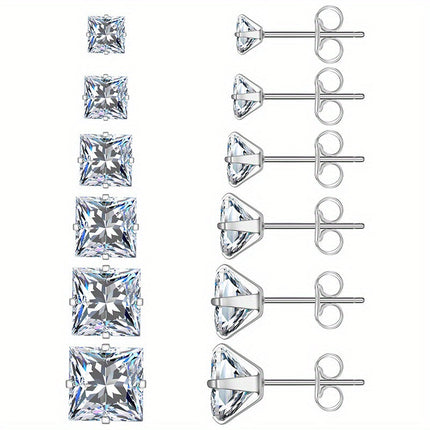 316 Stainless Steel Square Stud Earrings with Cubic Zirconia Accents