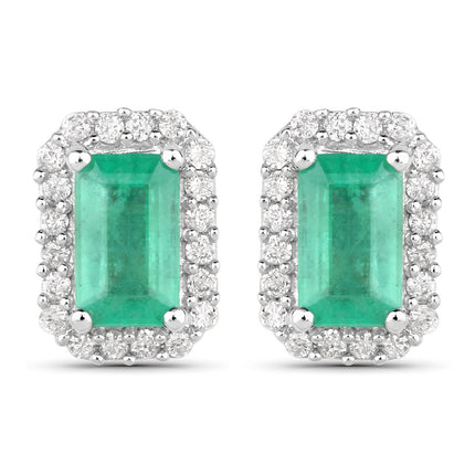 0.91 Carat Genuine Zambian Emerald and White Diamond 14K White Gold Earrings