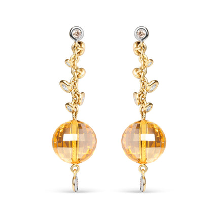 18K Yellow Gold 2/3 Cttw Round Bezel Diamond and 25mm Ball Shaped Yellow Citrine Gemstone Dangle Stud Earring (Brown and G-H Color, SI1-SI2 Clarity)