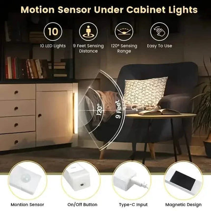 12-Pack: White LED Motion Sensor Cabinet Lights – Magnetic, USB Rechargeable, Detachable for Indoor Use