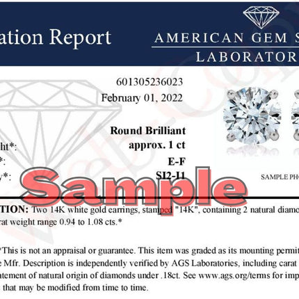 AGS Certified 14K White Gold 1.0 Cttw 4-Prong Set Brilliant Round-Cut Solitaire Diamond Push Back Stud Earrings (E-F Color, SI2-I1 Clarity)