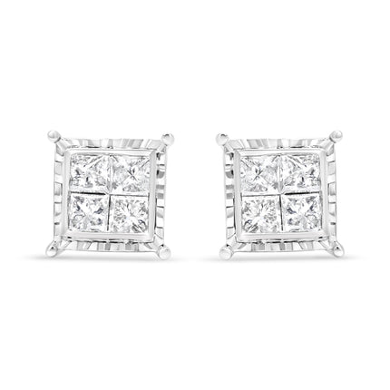 14K White Gold 1 1/2 Cttw Invisible Set Princess-Cut Diamond Contemporary Wavy Quad Stud Earrings (I-J Color, I1-I2 Clarity)