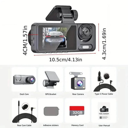 1080P Triple Dash Cam Front, Inside and Rear with 32GB Card, Night Vision, HDR & More