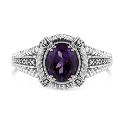.925 Sterling Silver Prong Set Natural Oval Shape 9X7 MM Purple Amethyst Solitaire and Diamond Accent Ring (I-J Color, I1-I2 Clarity) - Ring Size 7