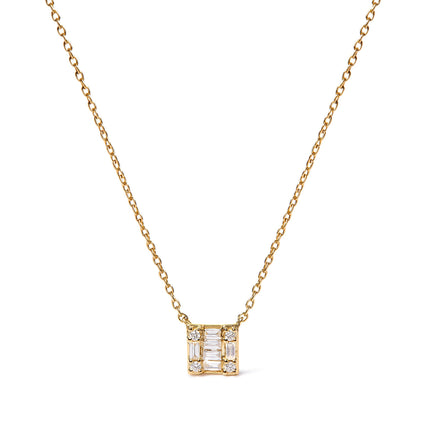 10K Yellow Gold 1/10 Cttw Round and Baguette Diamond Mosaic Composite Square 18" Inch Pendant Necklace (H-I Color, I1-I2 Clarity)