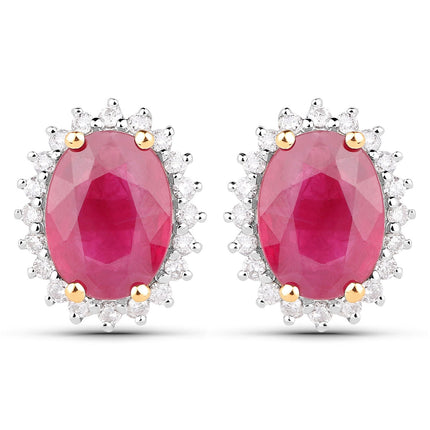 3.14 Carat Genuine Ruby and White Diamond 14K Yellow Gold Earrings