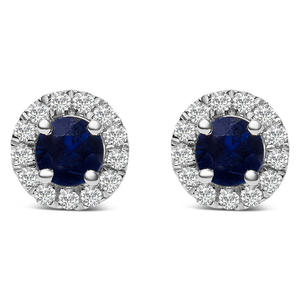 10K White Gold 3.25mm x 3.25mm Round Blue Sapphire and 1/10 Cttw Diamond Halo Stud Earrings (I-J Color, I1-I2 Clarity)