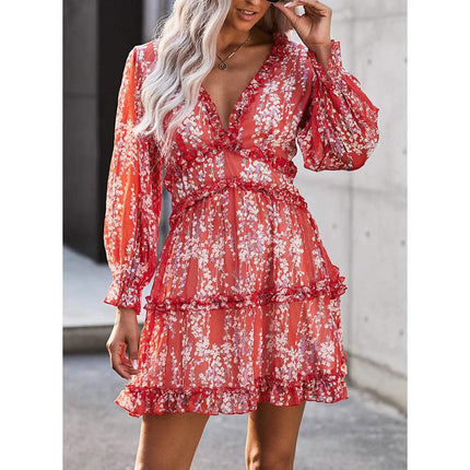 Dokotoo Womens Spring Summer Deep V Neck Ruffle Long Sleeve Floral Print Mini Dress