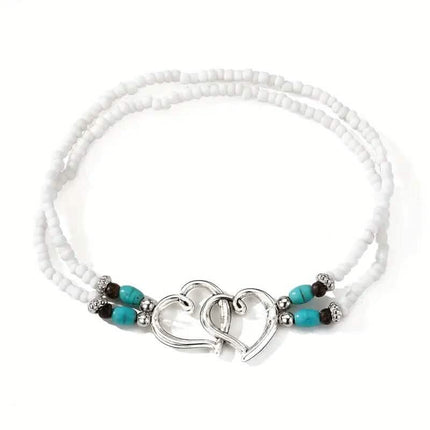 Double Openwork Heart Beaded Anklet Set with Mini Seed Beads
