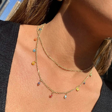 Double Strand Figaro Evil Eye Drop Necklace