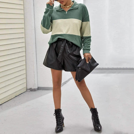 Drop Shoulder Two Tone Textured Half Placket Pullover