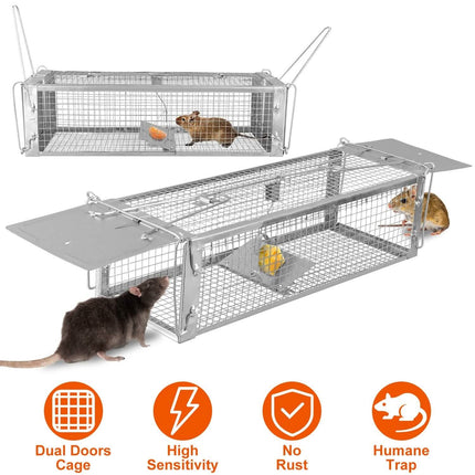 Dual Door Rat Trap Cage Humane with 2 Detachable U Shape Rod