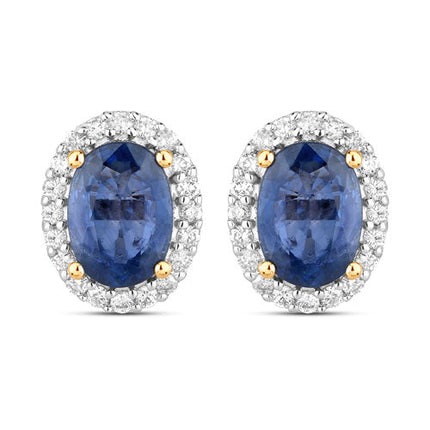 2.16 Carat Genuine Blue Sapphire and White Diamond 14K Yellow Gold Earrings