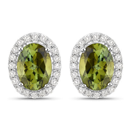 1.92 Carat Genuine Green Tourmaline and White Diamond 14K White Gold Earrings
