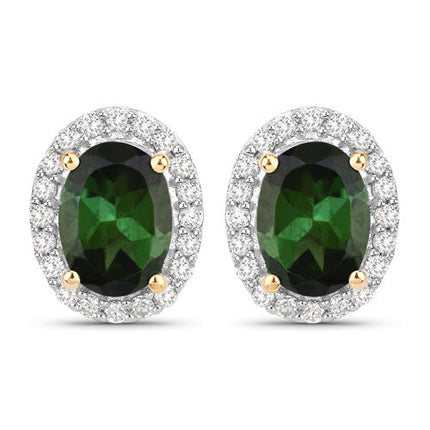 1.92 Carat Genuine Green Tourmaline and White Diamond 14K Yellow Gold Earrings