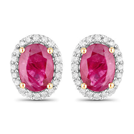 1.96 Carat Genuine Ruby and White Diamond 14K Yellow Gold Earrings