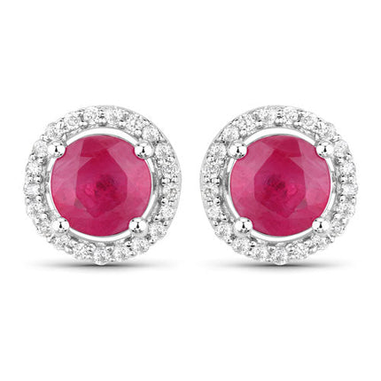 1.22 Carat Genuine Ruby and White Diamond 14K White Gold Earrings