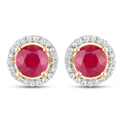 1.22 Carat Genuine Ruby and White Diamond 14K Yellow Gold Earrings