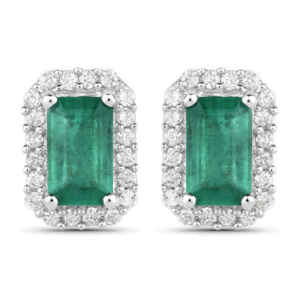 0.91 Carat Genuine Zambian Emerald and White Diamond 14K White Gold Earrings