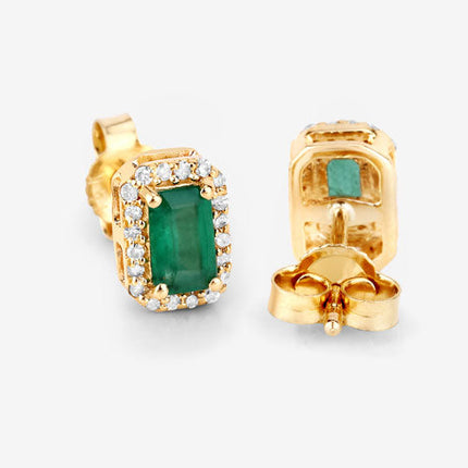 0.91 Carat Genuine Zambian Emerald and White Diamond 14K Yellow Gold Earrings
