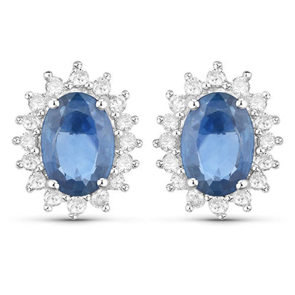 2.22 Carat Genuine Blue Sapphire and White Diamond 14K White Gold Earrings