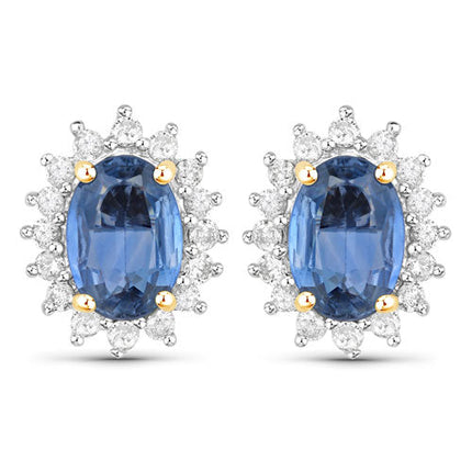 2.22 Carat Genuine Blue Sapphire and White Diamond 14K Yellow Gold Earrings