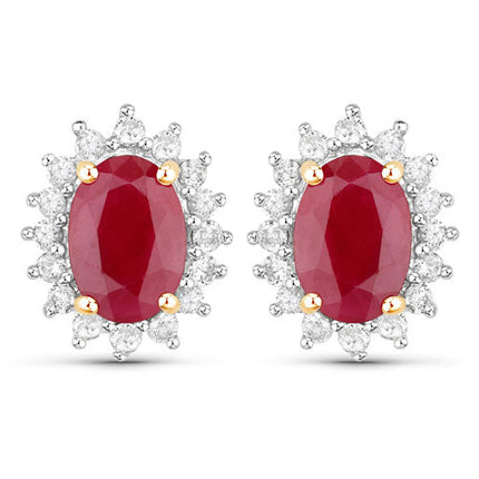 2.02 Carat Genuine Ruby and White Diamond 14K Yellow Gold Earrings