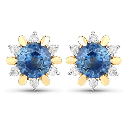 1.87 Carat Genuine Blue Sapphire and White Diamond 14K Yellow Gold Earrings