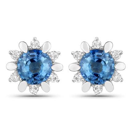 1.87 Carat Genuine Blue Sapphire and White Diamond 14K White Gold Earrings