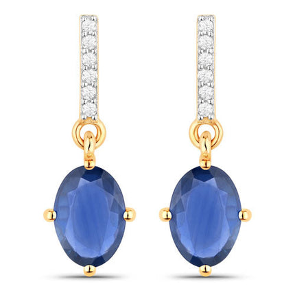 1.95 Carat Genuine Blue Sapphire and White Diamond 14K Yellow Gold Earrings
