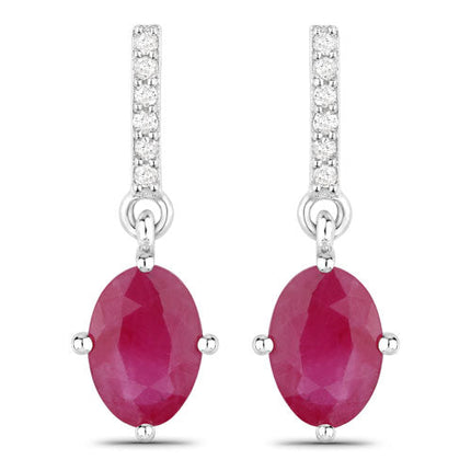 1.75 Carat Genuine Ruby and White Diamond 10K White Gold Earrings