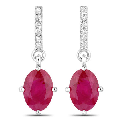 1.75 Carat Genuine Ruby and White Diamond 14K White Gold Earrings
