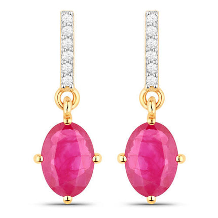 1.75 Carat Genuine Ruby and White Diamond 14K Yellow Gold Earrings