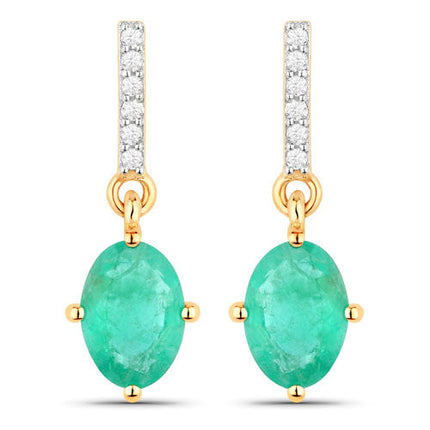 1.49 Carat Genuine Zambian Emerald and White Diamond 10K Yellow Gold Earrings
