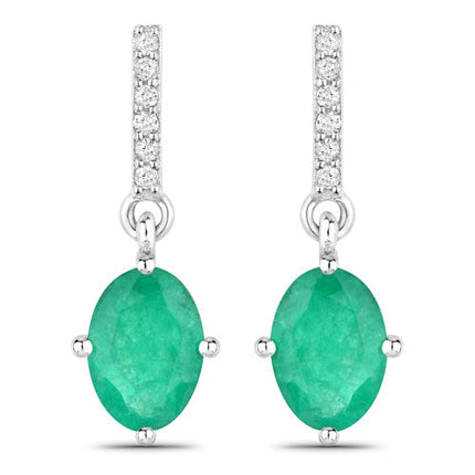 1.49 Carat Genuine Zambian Emerald and White Diamond 14K White Gold Earrings