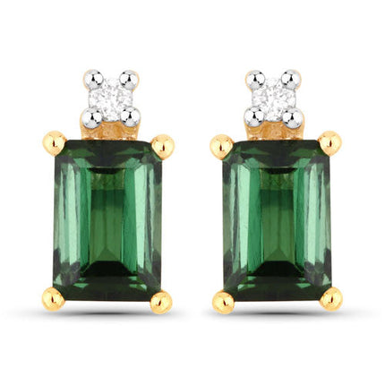 1.24 Carat Genuine Green Tourmaline and White Diamond 14K Yellow Gold Earrings